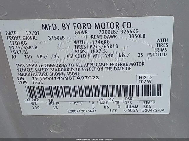 Aukcja sprzedaży 2008 Ford F-150 60th Anniversary/fx4/king Ranch/lariat/xlt, vin: 1FTPW14V98FA97023, numer aukcji: 45089421