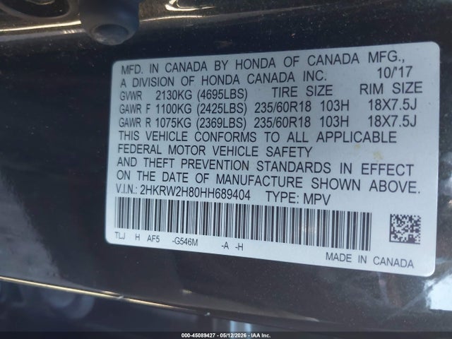 2HKRW2H80HH689404 Honda Cr-v Ex-l/ex-l Navi