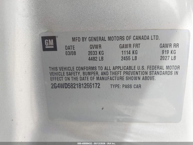 Продаж на аукціоні авто 2008 Buick Lacrosse Cxl, vin: 2G4WD582181266172, номер лоту: 45089432