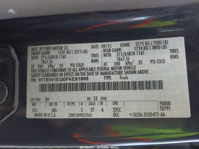 45089437 :رقم المزاد ، 1FTEW1EG0FKE61888 vin ، 2015 Ford F-150 Xlt مزاد بيع
