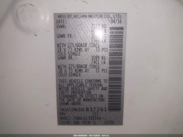 5N1AT2MV1GC837261 Nissan Rogue Sl