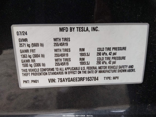 Продажа на аукционе авто 2024 Tesla Model Y Long Range Dual Motor All-wheel Drive, vin: 7SAYGAEE3RF163784, номер лота: 45089454