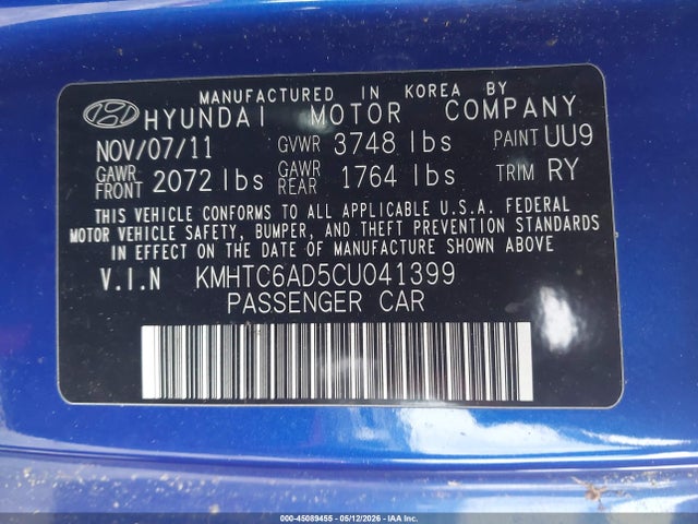 45089455 :رقم المزاد ، KMHTC6AD5CU041399 vin ، 2012 Hyundai Veloster Base W/black مزاد بيع