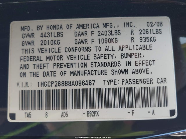 2008 Honda Accord 2.4 Ex-l მანქანა იყიდება აუქციონზე, vin: 1HGCP26888A096467, აუქციონის ნომერი: 45089456