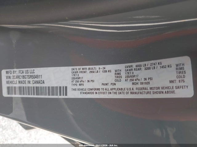 45089459 :رقم المزاد ، 2C4RC1BG7SR504911 vin ، 2025 Chrysler Pacifica Select مزاد بيع