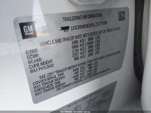 45089463 :رقم المزاد ، 1GCRWDED0LZ377095 vin ، 2020 Chevrolet Silverado 1500 Rst مزاد بيع