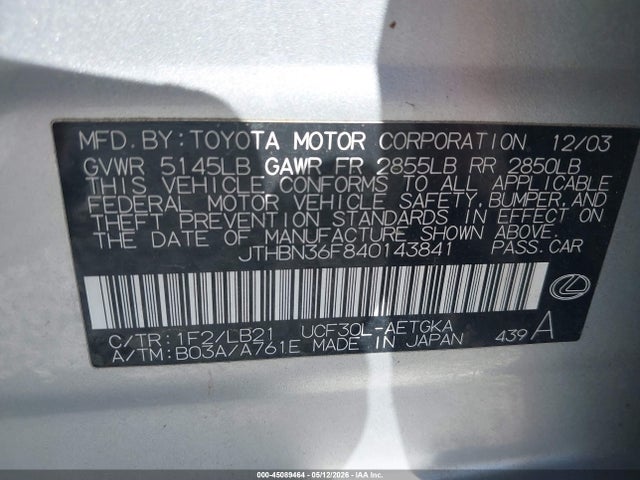 Продаж на аукціоні авто 2004 Lexus Ls 430, vin: JTHBN36F840143841, номер лоту: 45089464