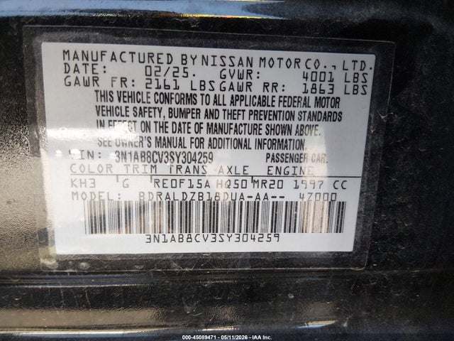 Aukcja sprzedaży 2025 Nissan Sentra Sv, vin: 3N1AB8CV3SY304259, numer aukcji: 45089471
