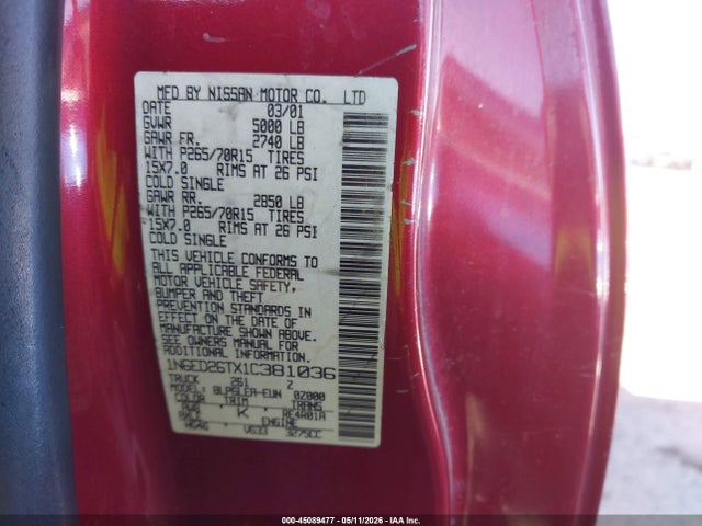 Aukcja sprzedaży 2001 Nissan Frontier Desert Runner Xe-v6, vin: 1N6ED26TX1C381036, numer aukcji: 45089477