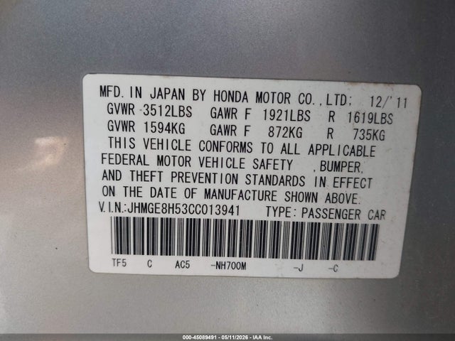 45089491 :رقم المزاد ، JHMGE8H53CC013941 vin ، 2012 Honda Fit Sport مزاد بيع