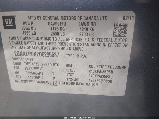 Aukcja sprzedaży 2013 Chevrolet Equinox 2lt, vin: 2GNALPEK2D6295637, numer aukcji: 45089501