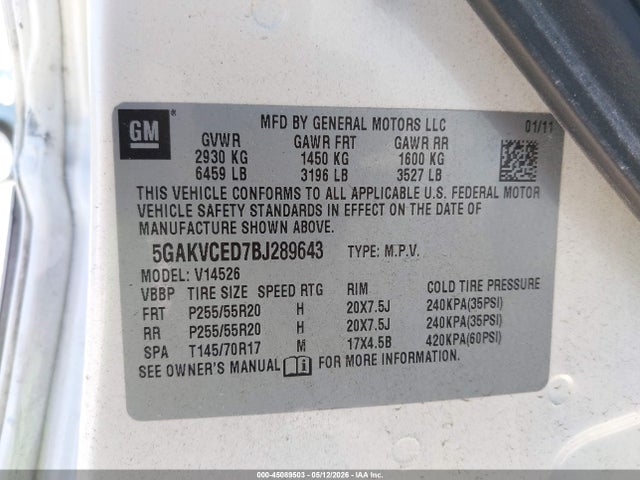 Aukcja sprzedaży 2011 Buick Enclave 2xl, vin: 5GAKVCED7BJ289643, numer aukcji: 45089503