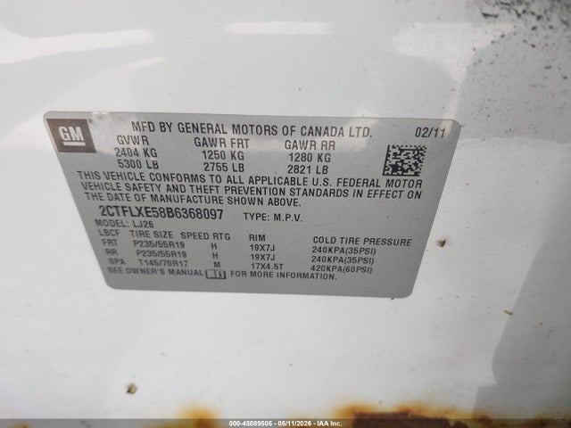 45089505 :رقم المزاد ، 2CTFLXE58B6368097 vin ، 2011 Gmc Terrain Slt-2 مزاد بيع