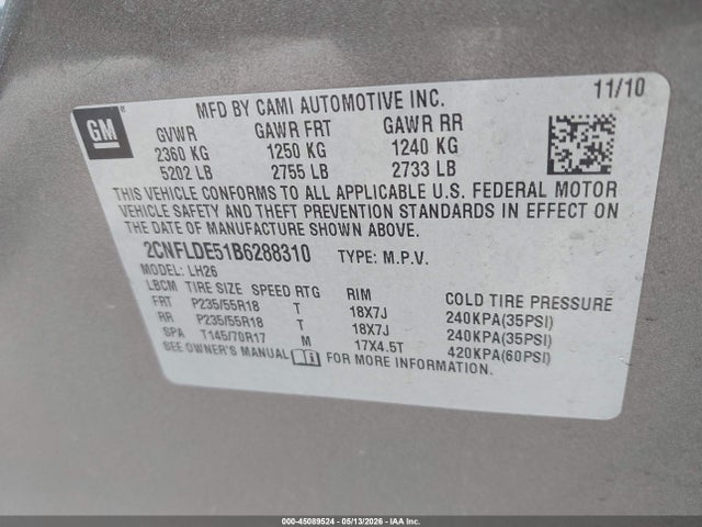 Aukcja sprzedaży 2011 Chevrolet Equinox 1lt, vin: 2CNFLDE51B6288310, numer aukcji: 45089524