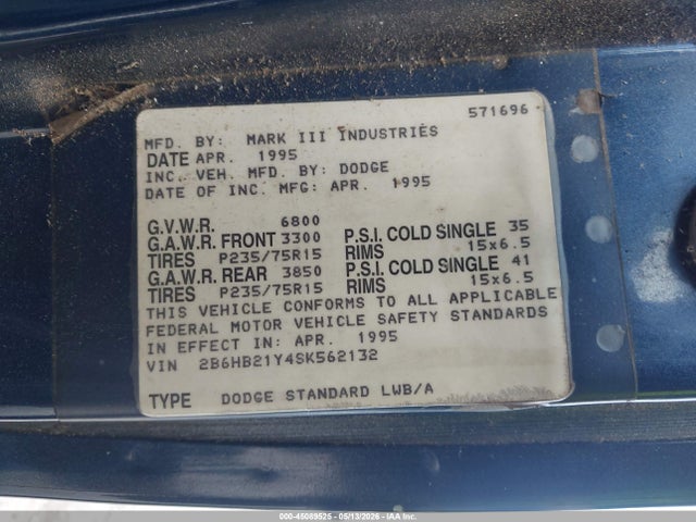 Aukcja sprzedaży 1995 Dodge Ram Van B2500, vin: 2B6HB21Y4SK562132, numer aukcji: 45089525