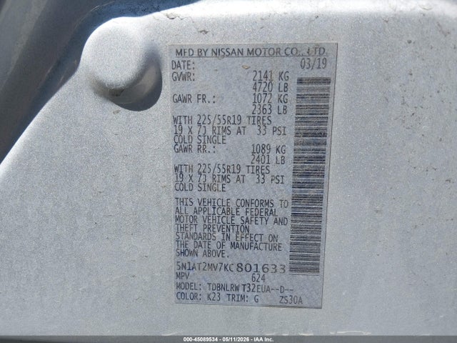 45089534 :رقم المزاد ، 5N1AT2MV7KC801633 vin ، 2019 Nissan Rogue Sl مزاد بيع