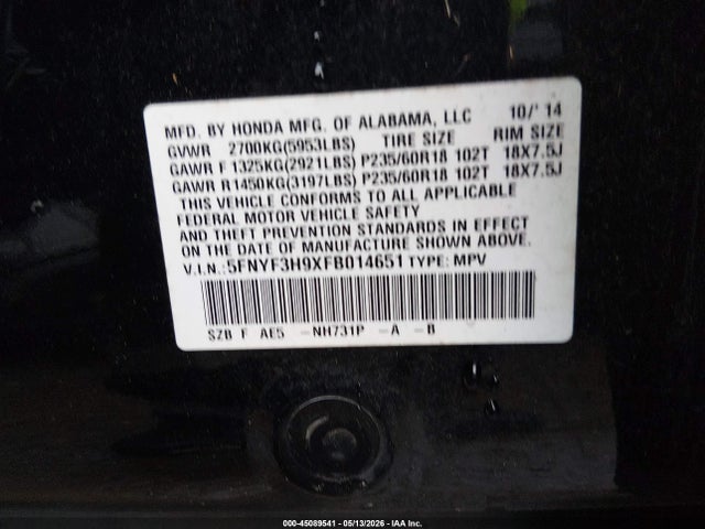 5FNYF3H9XFB014651 Honda Pilot Touring