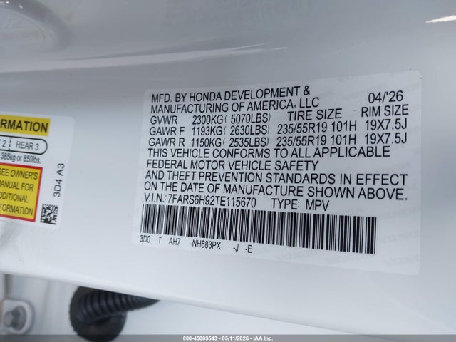 7FARS6H92TE115670 Honda Cr-v Hybrid Awd Sport Touring