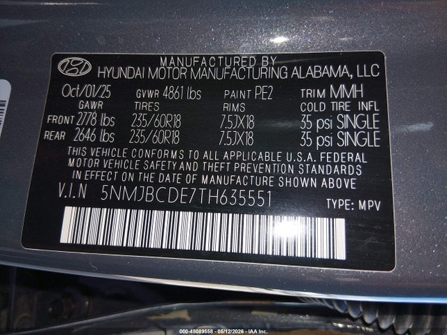 45089558 :رقم المزاد ، 5NMJBCDE7TH635551 vin ، 2026 Hyundai Tucson Sel مزاد بيع