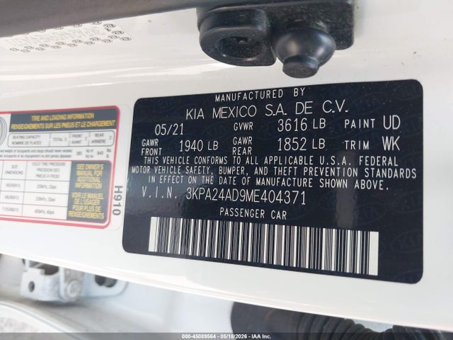 Aukcja sprzedaży 2021 Kia Rio S, vin: 3KPA24AD9ME404371, numer aukcji: 45089564
