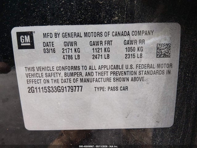 Aukcja sprzedaży 2016 Chevrolet Impala 2lt, vin: 2G1115S33G9179777, numer aukcji: 45089567