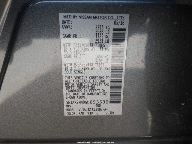 Aukcja sprzedaży 2016 Nissan Pathfinder Platinum/s/sl/sv, vin: 5N1AR2MN0GC653539, numer aukcji: 45089577