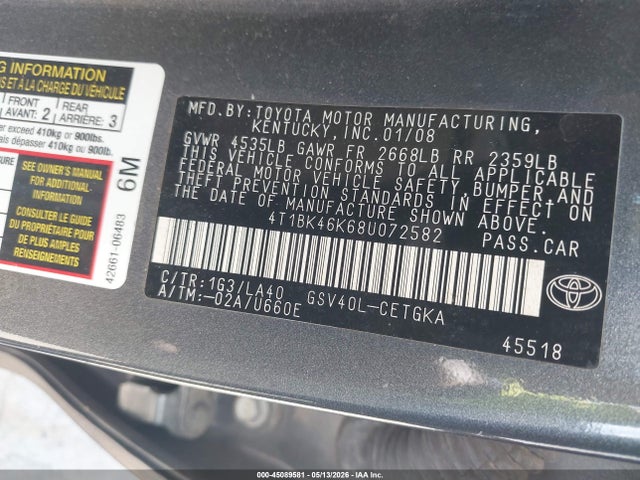 45089581 :رقم المزاد ، 4T1BK46K68U072582 vin ، 2008 Toyota Camry Xle V6 مزاد بيع