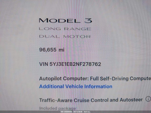Tesla Model 3 Long Range Dual Motor All-wheel Drive 2022 5YJ3E1EB2NF278762 Image 15