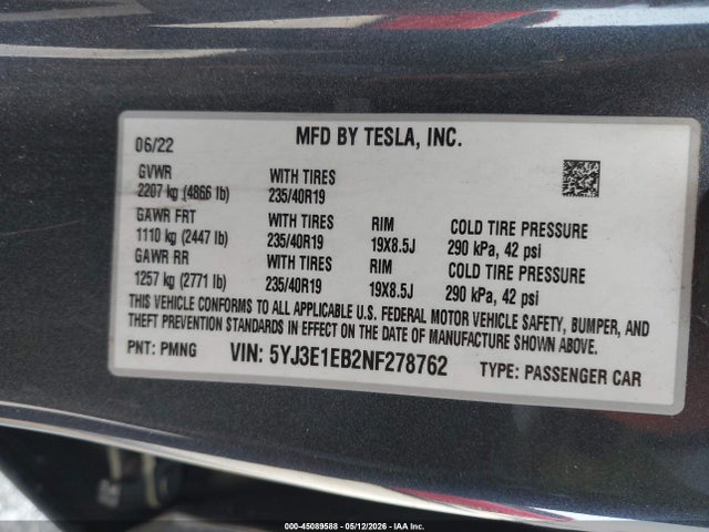 Tesla Model 3 Long Range Dual Motor All-wheel Drive 2022 5YJ3E1EB2NF278762 Image 9