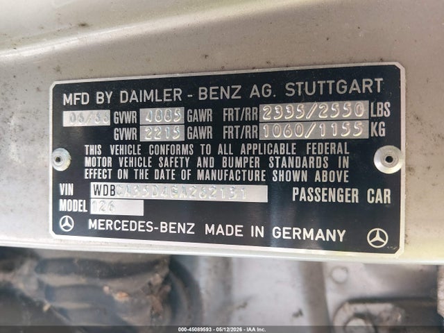 45089593 :رقم المزاد ، WDBCA35D4GA262131 vin ، 1986 Mercedes-benz 420 Sel مزاد بيع