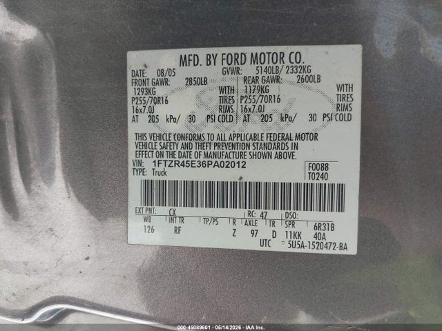 2006 Ford Ranger Fx4 Level Ii/fx4 Off-road/sport/xlt მანქანა იყიდება აუქციონზე, vin: 1FTZR45E36PA02012, აუქციონის ნომერი: 45089601