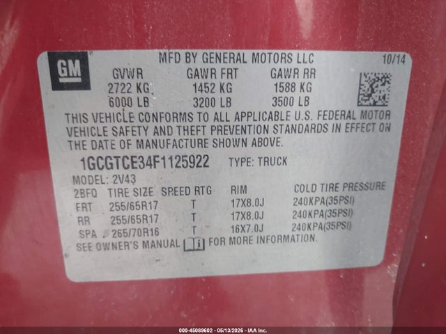 2015 Chevrolet Colorado Z71 მანქანა იყიდება აუქციონზე, vin: 1GCGTCE34F1125922, აუქციონის ნომერი: 45089602