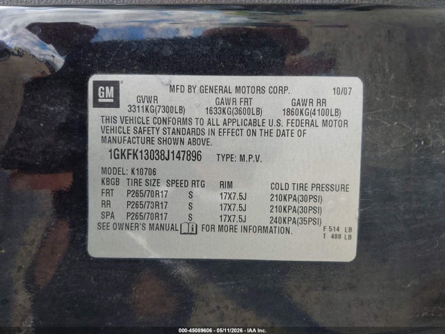 Aukcja sprzedaży 2008 Gmc Yukon Slt, vin: 1GKFK13038J147896, numer aukcji: 45089606