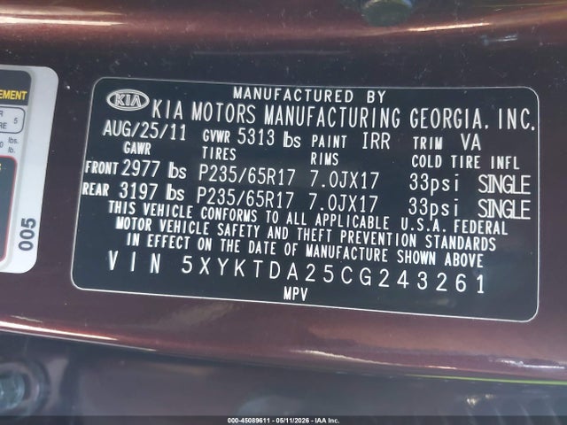 45089611 :رقم المزاد ، 5XYKTDA25CG243261 vin ، 2012 Kia Sorento Lx V6 مزاد بيع