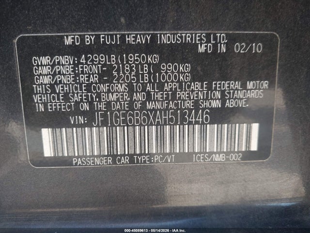 Продаж на аукціоні авто 2010 Subaru Impreza 2.5i Premium, vin: JF1GE6B6XAH513446, номер лоту: 45089613