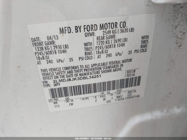 Продаж на аукціоні авто 2013 Lincoln Mkx, vin: 2LMDJ8JK3DBL34251, номер лоту: 45089621