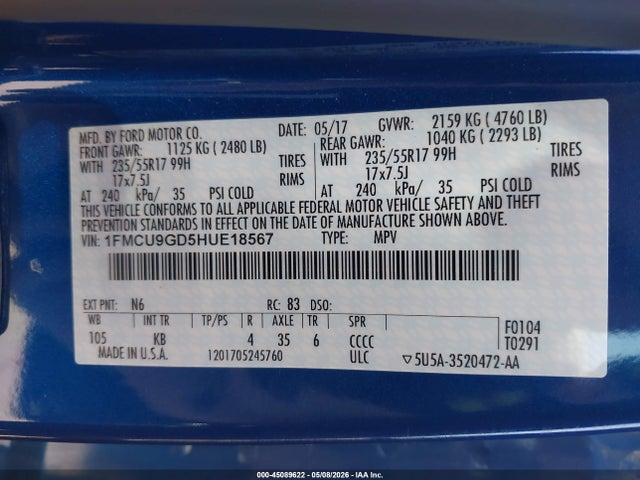 45089622 :رقم المزاد ، 1FMCU9GD5HUE18567 vin ، 2017 Ford Escape Se مزاد بيع