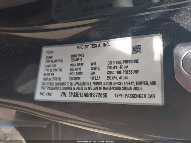 2024 Tesla Model 3 Long Range Dual Motor All-wheel Drive/rear-wheel Drive მანქანა იყიდება აუქციონზე, vin: 5YJ3E1EA0RF872666, აუქციონის ნომერი: 45089625