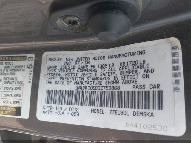 45089632 :رقم المزاد ، 1NXBR30E06Z759868 vin ، 2006 Toyota Corolla S مزاد بيع