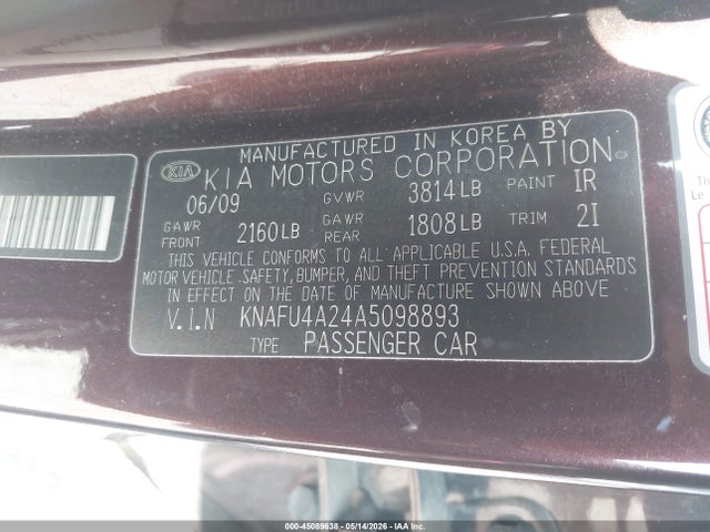 45089638 :رقم المزاد ، KNAFU4A24A5098893 vin ، 2010 Kia Forte Ex مزاد بيع