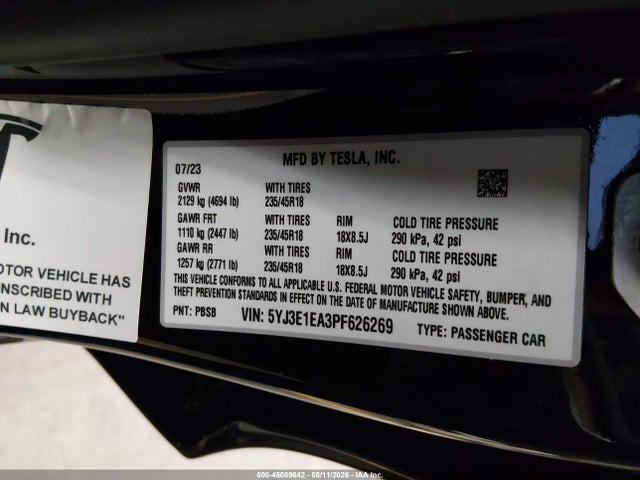 Tesla Model 3 Rear-wheel Drive 2023 5YJ3E1EA3PF626269 Image 9
