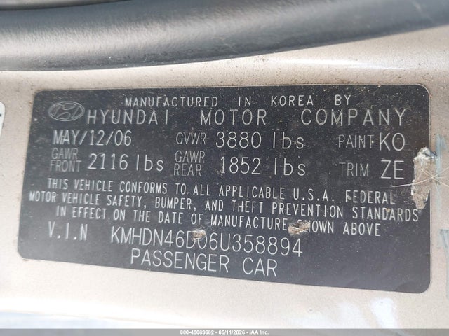 45089662 :رقم المزاد ، KMHDN46D06U358894 vin ، 2006 Hyundai Elantra Gls/limited مزاد بيع