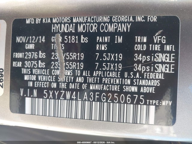 Auction sale of the 2015 Hyundai Santa Fe Sport 2.0l Turbo, vin: 5XYZW4LA3FG250675, lot number: 45089667