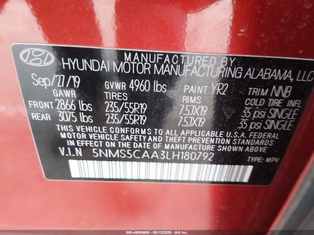 45089680 :رقم المزاد ، 5NMS5CAA3LH180792 vin ، 2020 Hyundai Santa Fe Limited 2.0t مزاد بيع