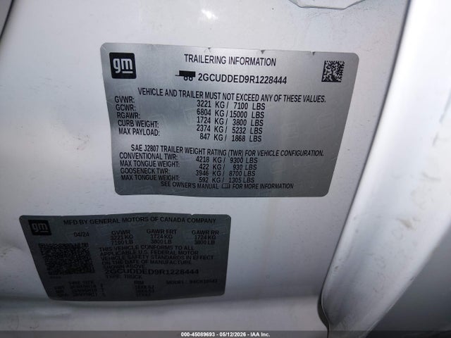 Aukcja sprzedaży 2024 Chevrolet Silverado 1500 4wd  Short Bed Lt, vin: 2GCUDDED9R1228444, numer aukcji: 45089693