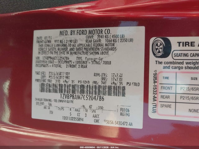 2012 Ford Mustang V6 მანქანა იყიდება აუქციონზე, vin: 1ZVBP8AM7C5204786, აუქციონის ნომერი: 45089694