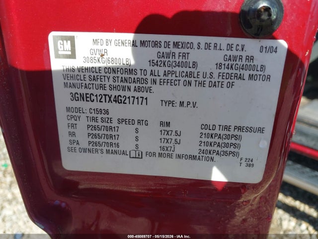Продаж на аукціоні авто 2004 Chevrolet Avalanche 1500, vin: 3GNEC12TX4G217171, номер лоту: 45089707