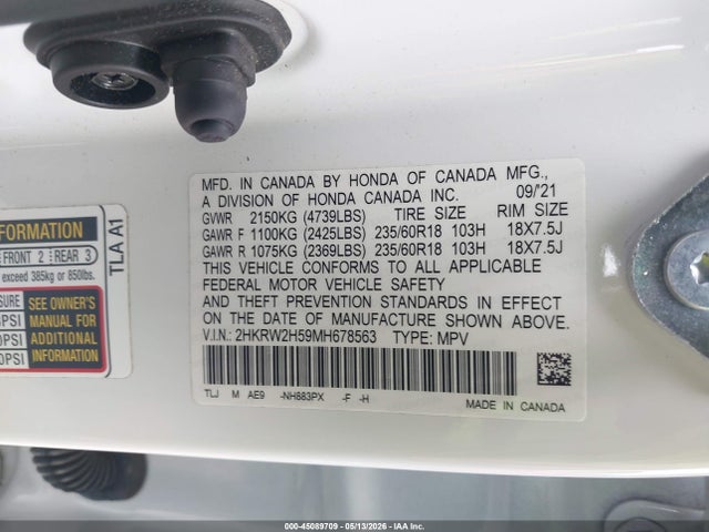 Aukcja sprzedaży 2021 Honda Cr-v Awd Ex, vin: 2HKRW2H59MH678563, numer aukcji: 45089709