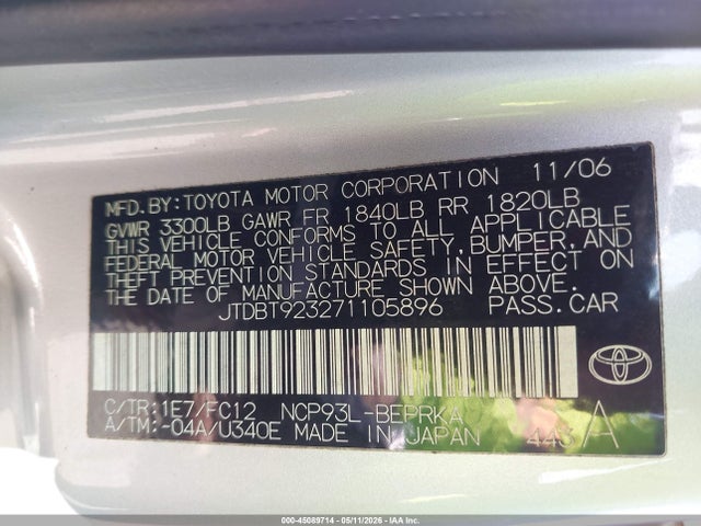 Aukcja sprzedaży 2007 Toyota Yaris, vin: JTDBT923271105896, numer aukcji: 45089714