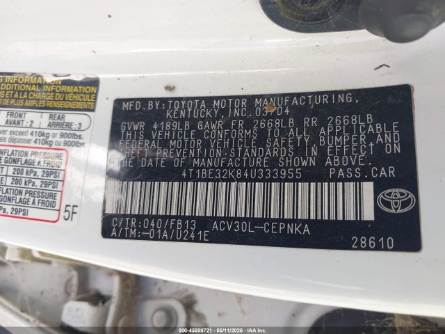 Продажа на аукционе авто 2004 Toyota Camry Le, vin: 4T1BE32K84U333955, номер лота: 45089721